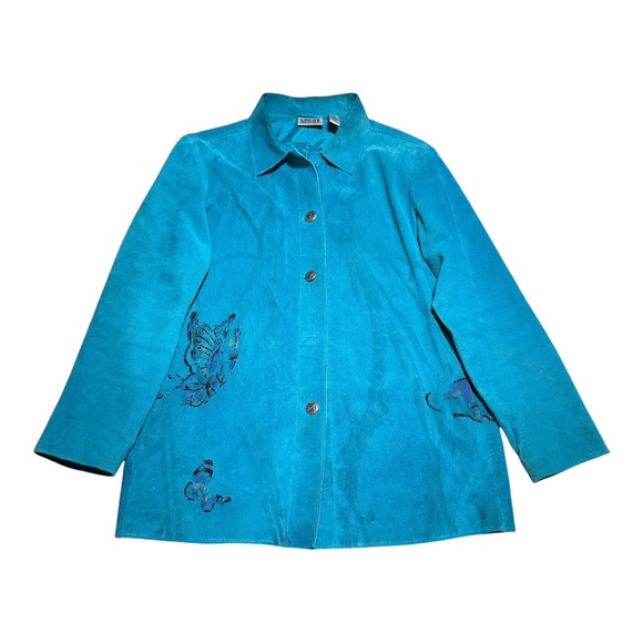 CHICO’S DESIGN‎ SUEDE LEATHER TURQUOISE BUTTERFLY EMBELLISHED JACKET SZ 1 - Picture 3 of 9